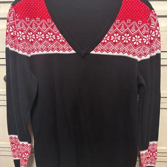 Black and Red V-Neck Fair Isle Women’s Sweater - Picture 2 of 8